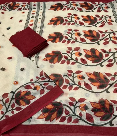 Linen Jamdani Style Printed Saree - Off White